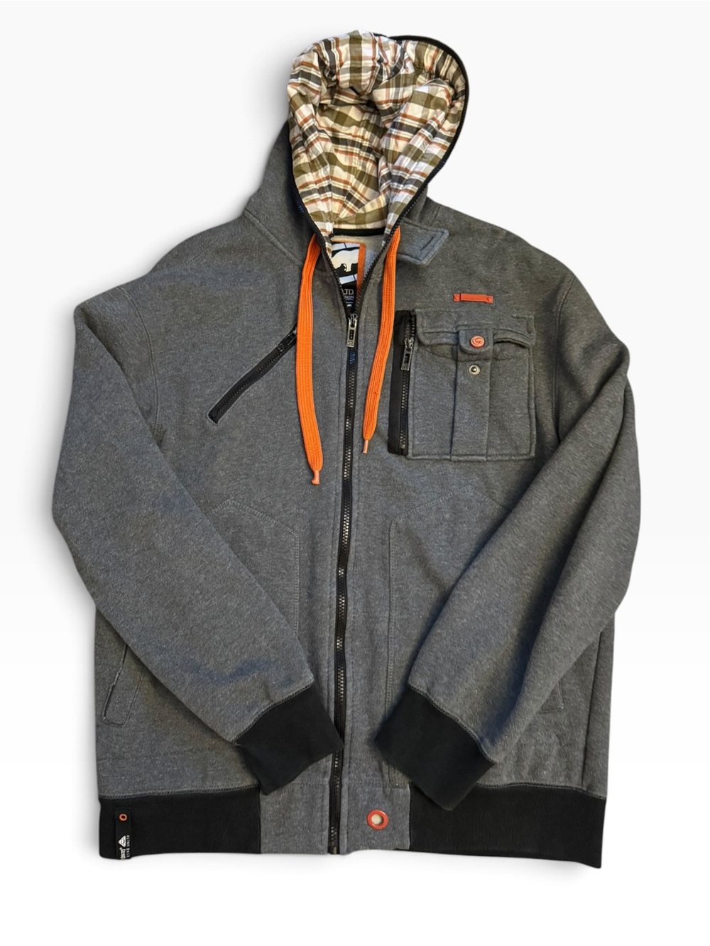 Ecko Unltd Y2K Gray Fleece Hoodie Jacket Plaid Lined Hood Large